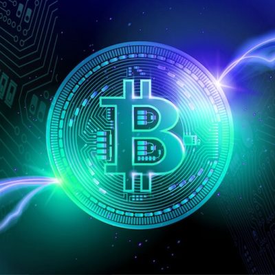 bitcoin logo with blue dark background and light