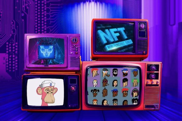 tv screens showing nfts with purple background